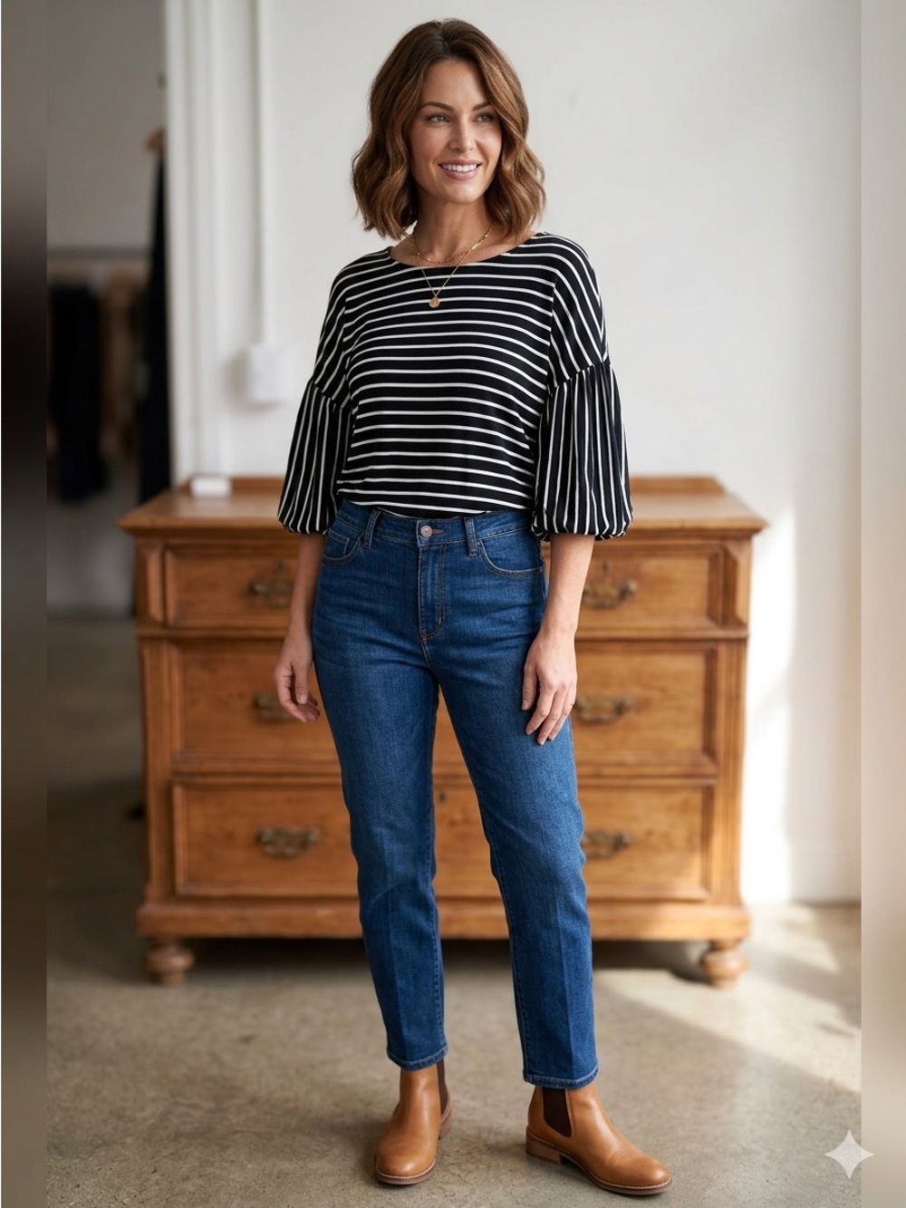 Worthington Black & White Striped Bell-Sleeve Blouse